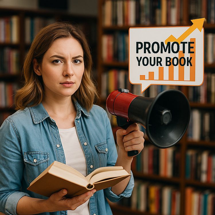 Frau mit offenen Buch und Marketing-Diagrammen als Illustration für digitales Buchmarketing.