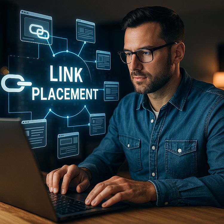 Digitales Symbolbild eines Mannes, der leuchtende Kettenglieder zwischen Webseiten-Icons verbindet – Darstellung von SEO und Linkplatzierungen.