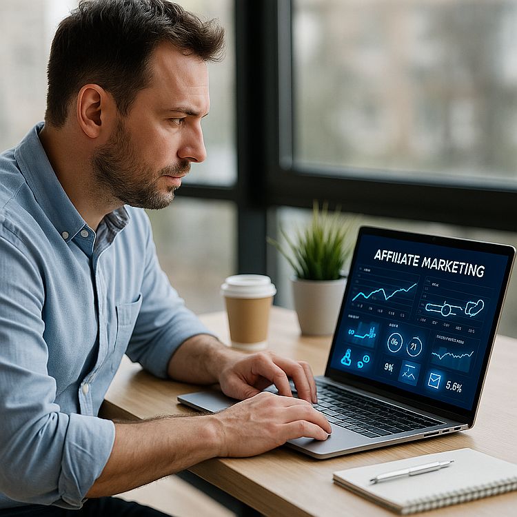 Illustration eines Marketers vor digitalen Diagrammen und Geldsymbolen zur Vermarktung von Affiliatelinks.